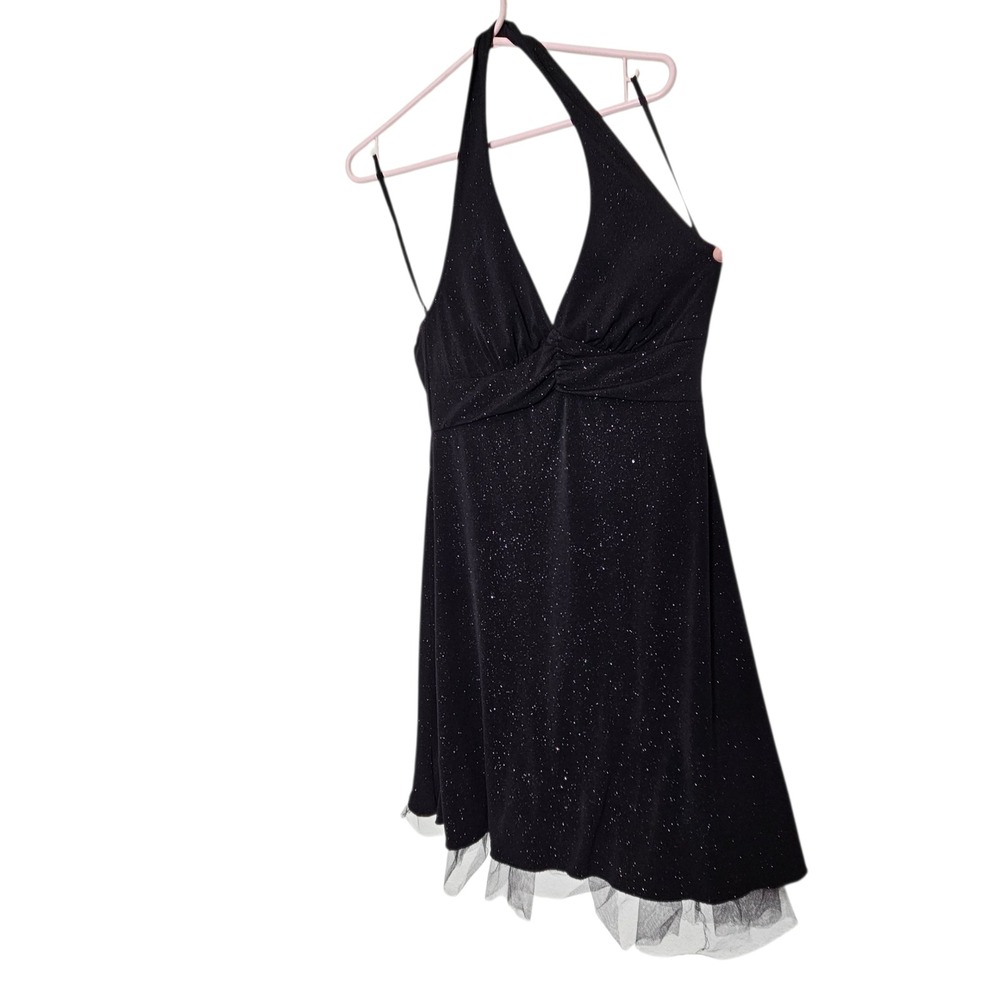 Love Tease Vibtage Y2K 90s Black Glitter Halter Dress Party Cocktail Women's L